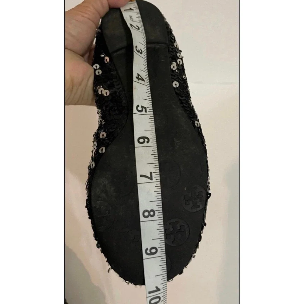 TORY BURCH REVA BLACK SEQUIN LOGO FLATS SIZE 7M